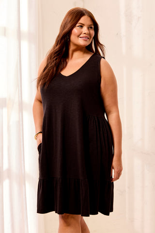 Size Inclusive Soft Slub Knit V-Neck Dress-Black