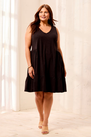 Size Inclusive Soft Slub Knit V-Neck Dress-Black