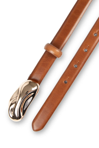LISA - Ceinture en cuir à plaque dorée aux formes organiques-Brun