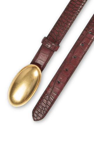 MARIA - Ceinture double en cuir embossé effet croco à plaque ovale-Burgundy