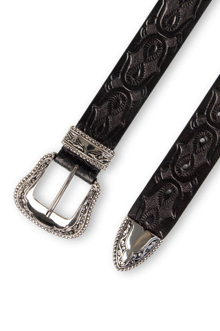 JOLENE - Embossed Leather Western Plaque Belt-Black