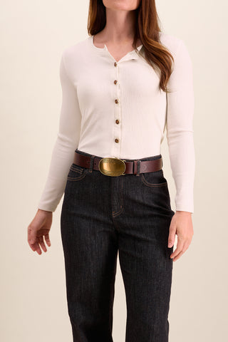 NICKY - Smooth Leather Belt with Etched Gold-Tone Plaque-Brown