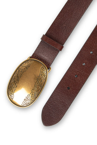 NICKY - Smooth Leather Belt with Etched Gold-Tone Plaque-Brown