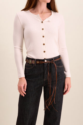 CARLY - Leather Tie Belt with Vintage Concho Details-Tan