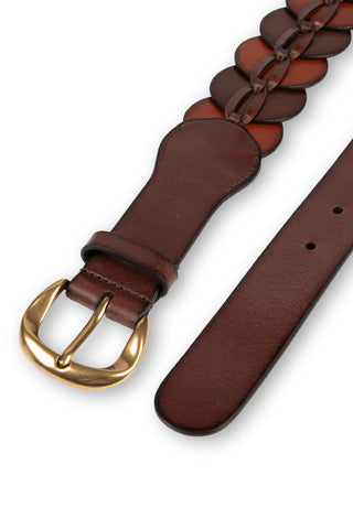 QUINN - Ceinture large en cuir à panneaux festonnés et détail harnais-Brun