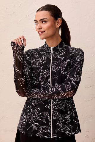UPF 50+ High Performance Full Zip Mock Neck Cardigan With Thumbholes-Black floral