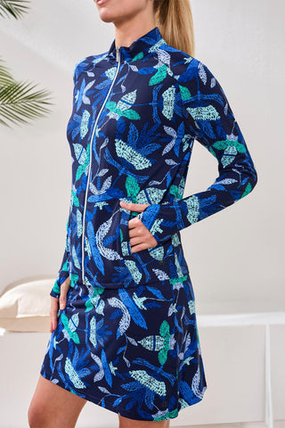 UPF 50+ High Performance Mesh Mock-Neck Zip-Up Cardigan With Thumbholes-Blue surf