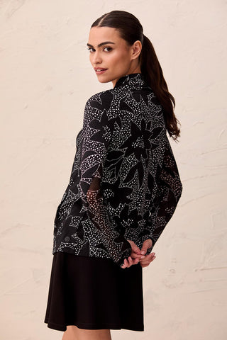 UPF 50+ High Performance Full Zip Mock Neck Cardigan With Thumbholes-Black floral