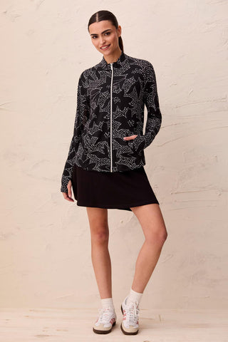 UPF 50+ High Performance Full Zip Mock Neck Cardigan With Thumbholes-Black floral