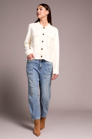 Double Knit Collared Sweater Cardigan-Moonstone