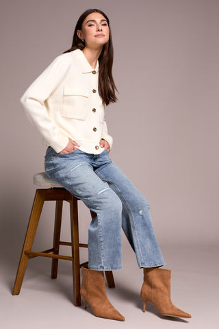 Double Knit Collared Sweater Cardigan-Moonstone