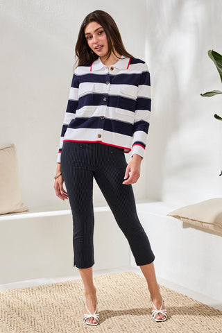 Cardigan Double Tricot À Motif Rayures Avec Col Et Poches-Bleu Jet
