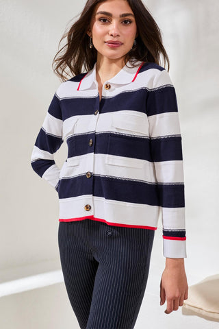 Cardigan Double Tricot À Motif Rayures Avec Col Et Poches-Bleu Jet