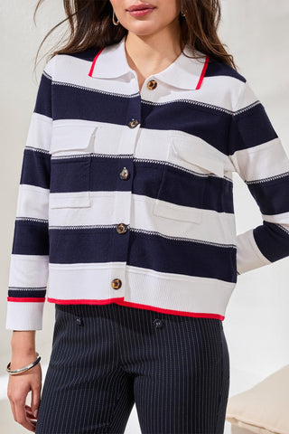 Cardigan Double Tricot À Motif Rayures Avec Col Et Poches-Bleu Jet