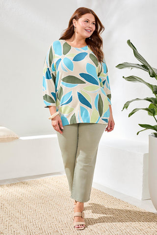 Printed Three-Quarter Sleeve Crew Neck Sweater-Aqua sky