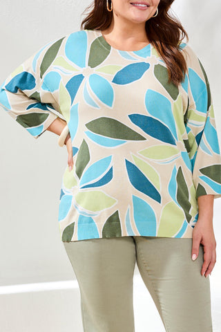 Printed Three-Quarter Sleeve Crew Neck Sweater-Aqua sky