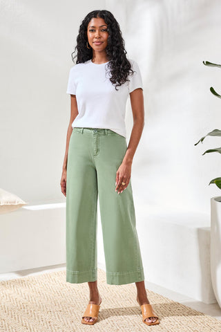 Pantalon Palazzo Taille Haute En Maille Extensible Confort Stretch-Vert Mousse