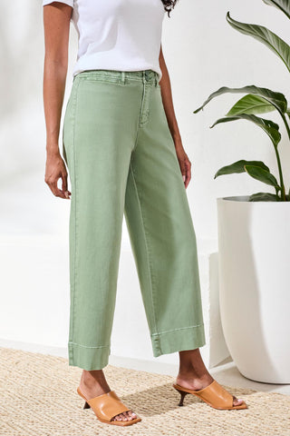 Pantalon Palazzo Taille Haute En Maille Extensible Confort Stretch-Vert Mousse