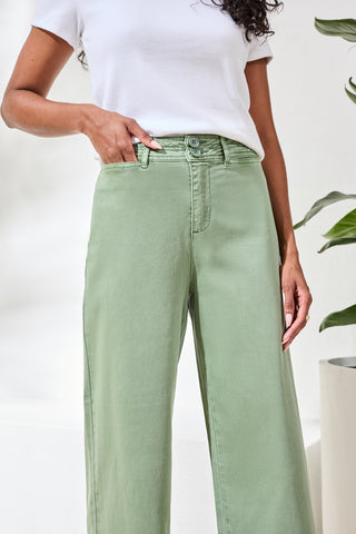Pantalon Palazzo Taille Haute En Maille Extensible Confort Stretch-Vert Mousse
