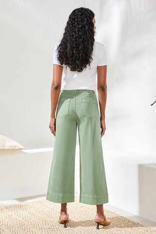 Pantalon Palazzo Taille Haute En Maille Extensible Confort Stretch-Vert Mousse