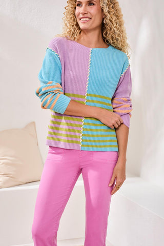 Multi Stripe Textured Boat Neck Sweater-Lilac rose