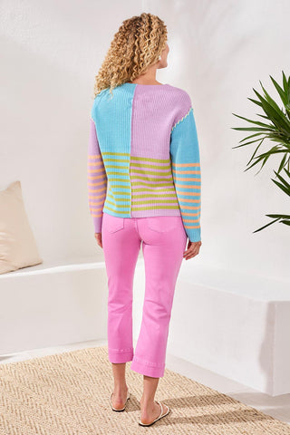 Multi Stripe Textured Boat Neck Sweater-Lilac rose