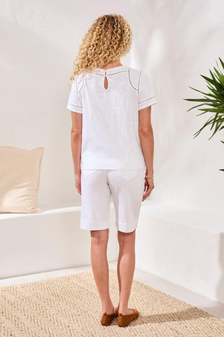 Cotton Slub Short Sleeve Top With Lace Detail-White