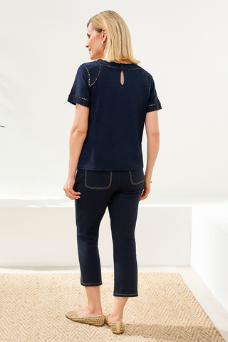 Cotton Slub Short Sleeve Top With Lace Detail-Jet blue