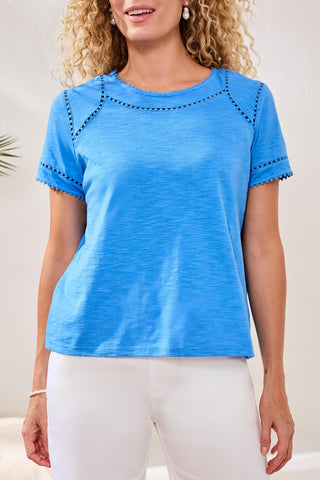Cotton Slub Short Sleeve Top With Lace Detail-Royal