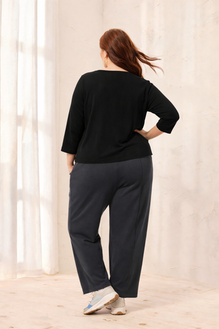 Size Inclusive Slub Knit Scoop Neck Top With Buttons-Black