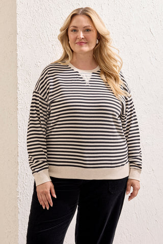 Size Inclusive Long Sleeve Crew Neck Drop Shoulder Knit Top-Black