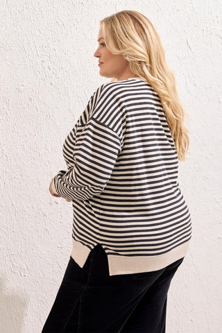Size Inclusive Long Sleeve Crew Neck Drop Shoulder Knit Top-Black