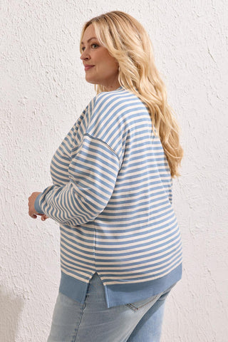 Size Inclusive Long Sleeve Crew Neck Drop Shoulder Knit Top-Blue fog