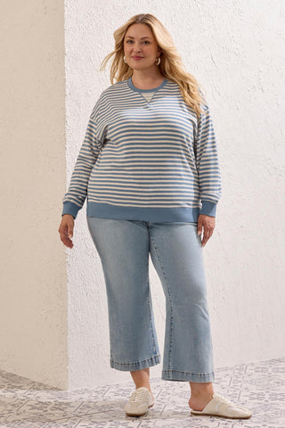Size Inclusive Long Sleeve Crew Neck Drop Shoulder Knit Top-Blue fog