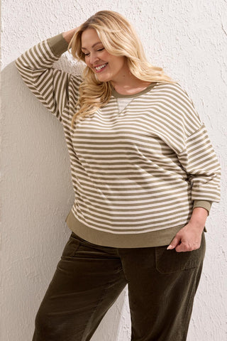 Size Inclusive Long Sleeve Contrast Combo Crew Neck Top-Fossil