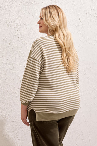 Size Inclusive Long Sleeve Contrast Combo Crew Neck Top-Fossil