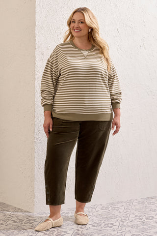 Size Inclusive Long Sleeve Contrast Combo Crew Neck Top-Fossil