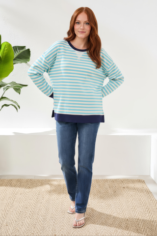 Cotton Crewneck Drop‑Shoulder Long Sleeve Top with Combo Trim-Aqua sky