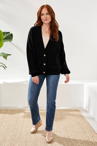 Long Sleeve Combed Cotton Cardigan-Black