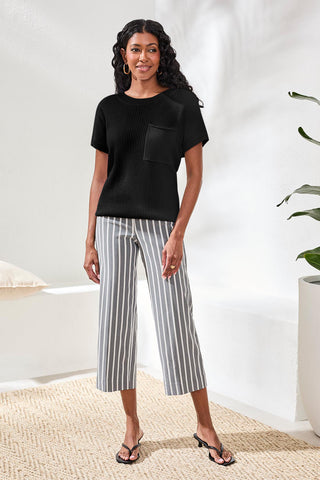 Dolman Short Sleeve Ribbed Knit Top With Pocket-Black