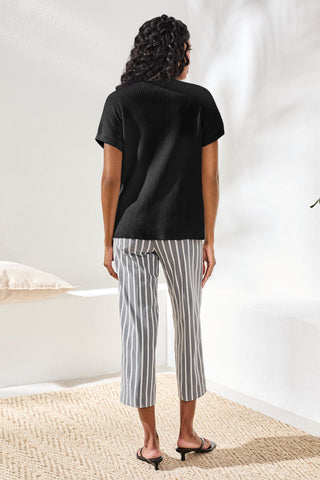 Dolman Short Sleeve Ribbed Knit Top With Pocket-Black