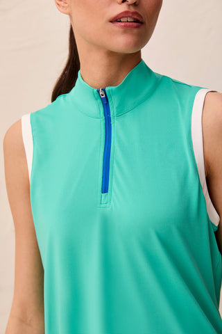 Sleeveless Zip Mock Neck Tech Top-Blue surf