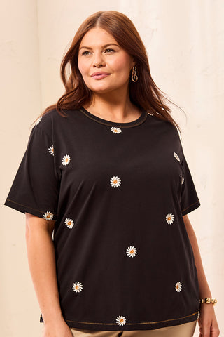 Size Inclusive Embroidered Daisy Short Sleeve Crew Neck Top-Black