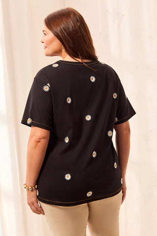 Size Inclusive Embroidered Daisy Short Sleeve Crew Neck Top-Black