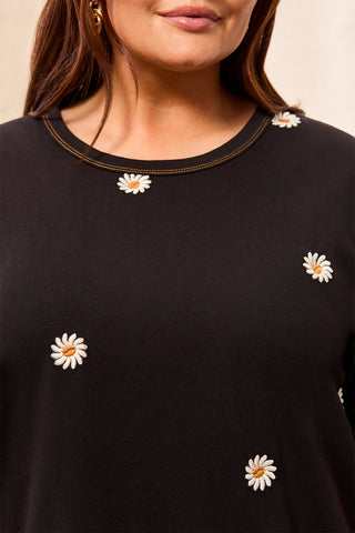 Size Inclusive Embroidered Daisy Short Sleeve Crew Neck Top-Black