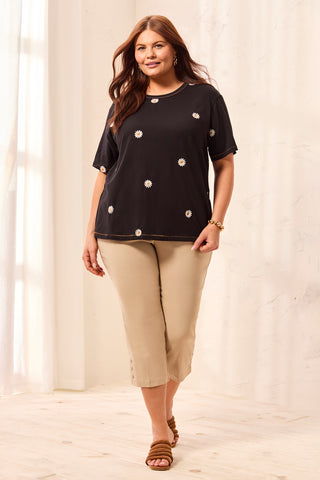 Size Inclusive Embroidered Daisy Short Sleeve Crew Neck Top-Black