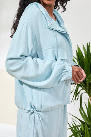 Veste À Capuche En Lin Fluide Boutonnée-Ciel Aqua pâle