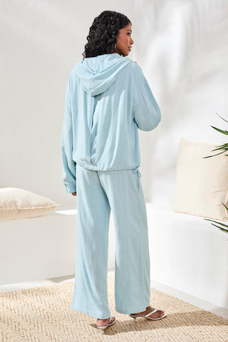 Veste À Capuche En Lin Fluide Boutonnée-Ciel Aqua pâle