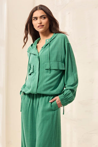 Lightweight Linen Button-Front Hooded Jacket-Grass