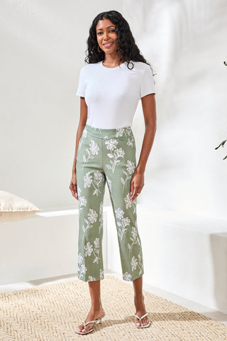 Bengaline Pull‑On Capris with Floral Motif-Moss